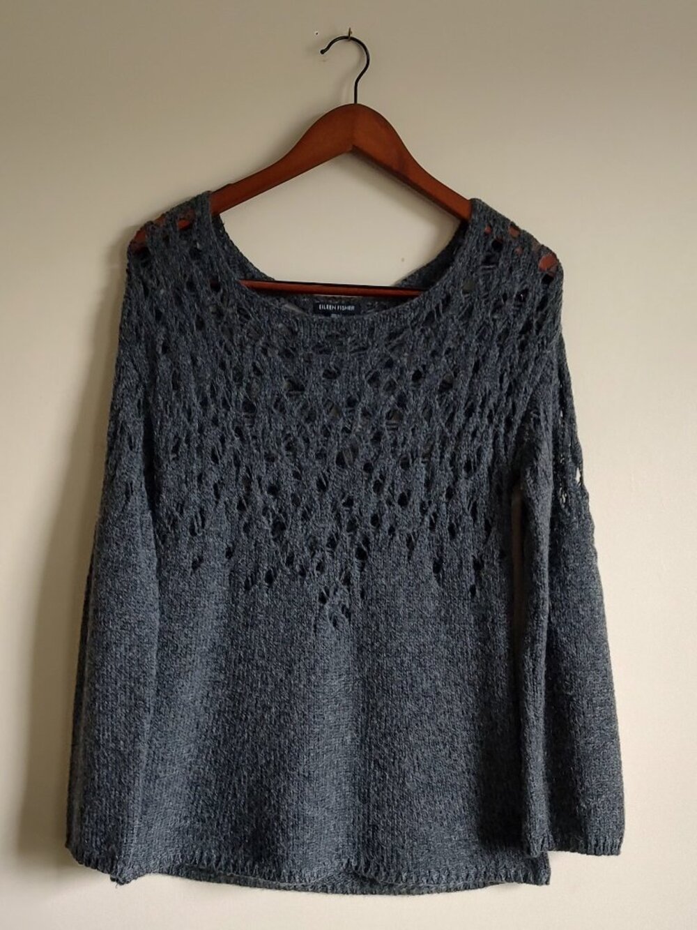 Eileen Fisher Mohair Gray Wool Blend Open Knit Sweater XS Lace Yoke Cozy Luxury